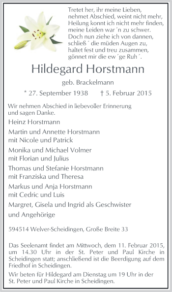 Traueranzeige von Hildegard Horstmann von MZV