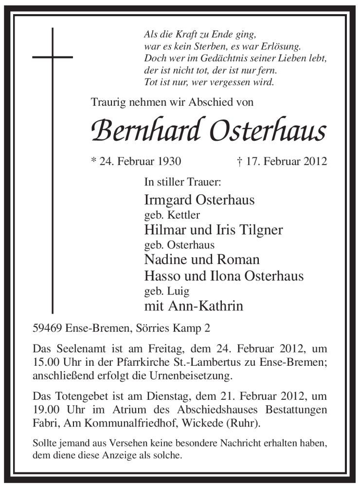  Traueranzeige für Bernhard Osterhaus vom 18.02.2012 aus WESTFÄLISCHER ANZEIGER