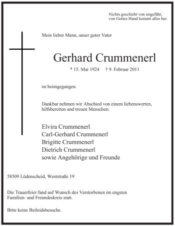 Traueranzeige von Gerhard Crummenerl von WESTFÄLISCHER ANZEIGER