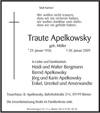 Traueranzeige von Traute Apelkowsky von WESTFÄLISCHER ANZEIGER