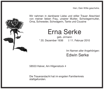 Traueranzeige von Erna Serke von WESTFÄLISCHER ANZEIGER
