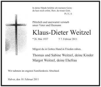 Traueranzeige von Klaus-Dieter Weitzel von WESTFÄLISCHER ANZEIGER