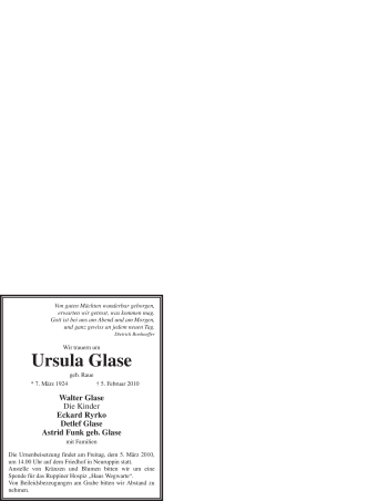 Traueranzeige von Ursula Glase von WESTFÄLISCHER ANZEIGER