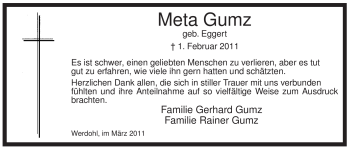 Traueranzeige von Meta Gumz von WESTFÄLISCHER ANZEIGER