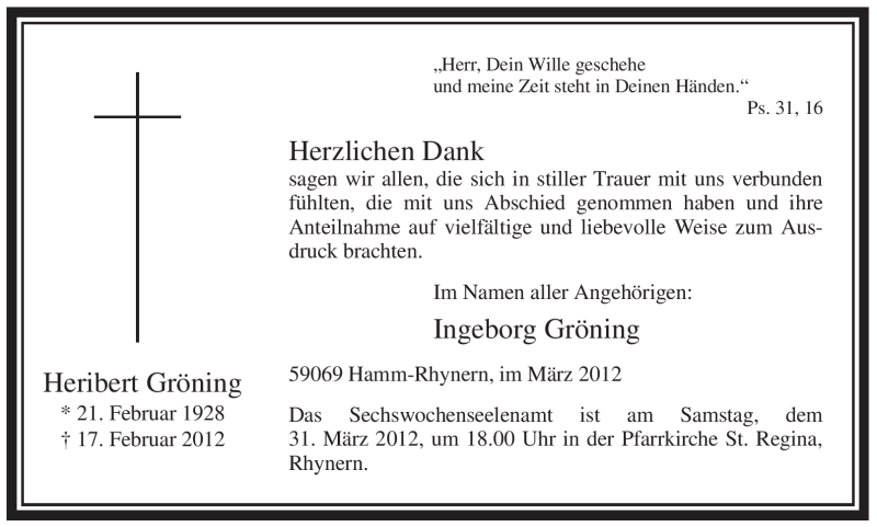  Traueranzeige für Heribert Gröning vom 24.03.2012 aus WESTFÄLISCHER ANZEIGER