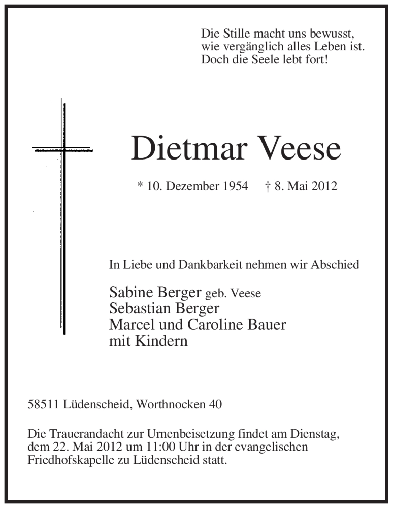  Traueranzeige für Dietmar Veese vom 19.05.2012 aus WESTFÄLISCHER ANZEIGER