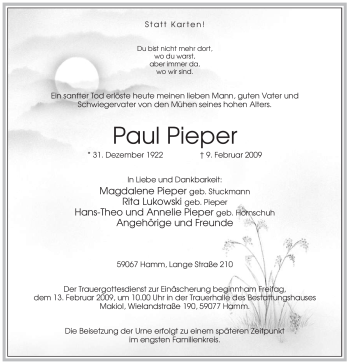 Traueranzeige von Paul Pieper von WESTFÄLISCHER ANZEIGER