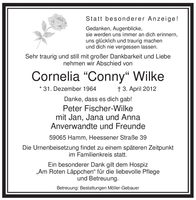  Traueranzeige für Cornelia Wilke vom 07.04.2012 aus WESTFÄLISCHER ANZEIGER