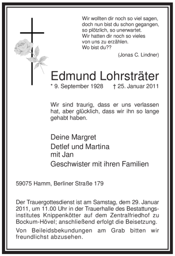 Traueranzeige von Edmund Lohrsträter von WESTFÄLISCHER ANZEIGER