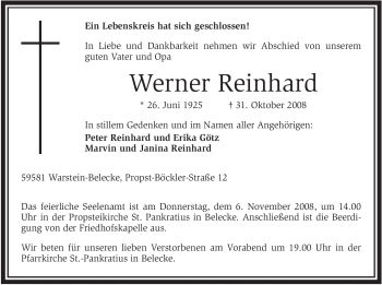 Traueranzeige von Werner Reinhard von WESTFÄLISCHER ANZEIGER