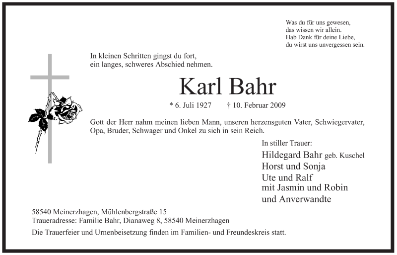  Traueranzeige für Karl Bahr vom 13.02.2009 aus WESTFÄLISCHER ANZEIGER