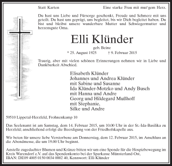 Traueranzeige von Elli Klünder von MZV