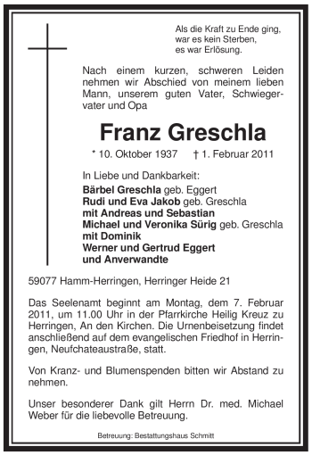 Traueranzeige von Franz Greschla von WESTFÄLISCHER ANZEIGER