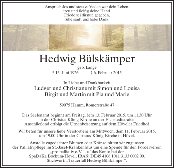 Traueranzeige von Hedwig Bülskämper von MZV