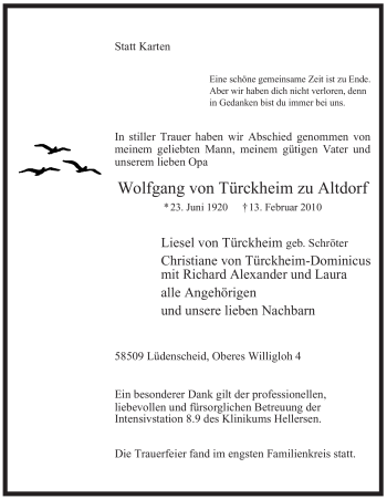 Traueranzeige von Wolfgang Türckheim zu Altdorf von WESTFÄLISCHER ANZEIGER