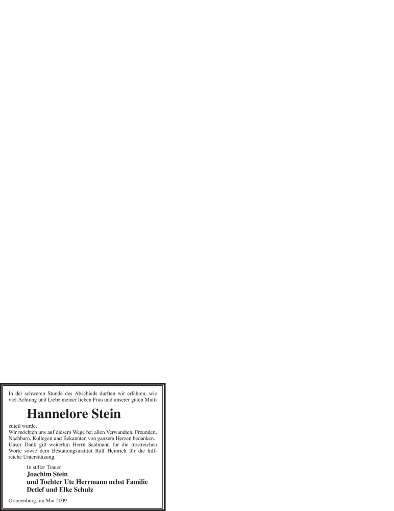  Traueranzeige für Hannelore Stein vom 26.05.2009 aus WESTFÄLISCHER ANZEIGER
