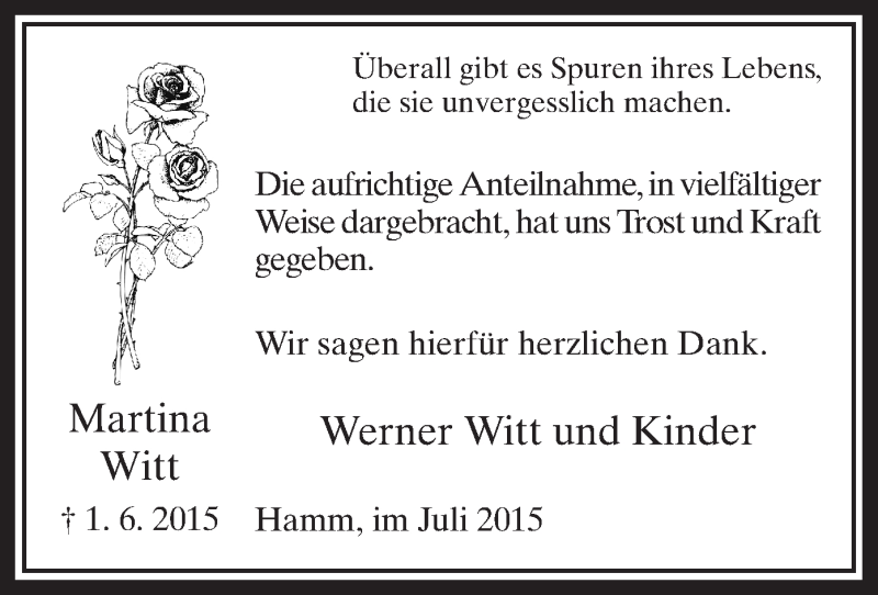  Traueranzeige für Martina Witt vom 11.07.2015 aus MZV