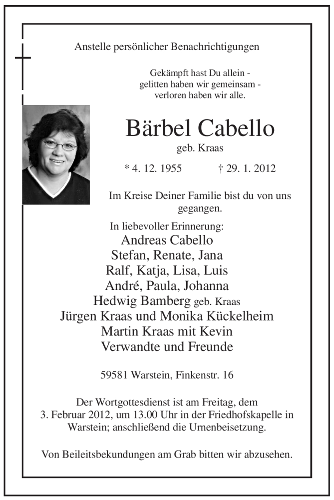  Traueranzeige für Bärbel Cabello vom 31.01.2012 aus WESTFÄLISCHER ANZEIGER