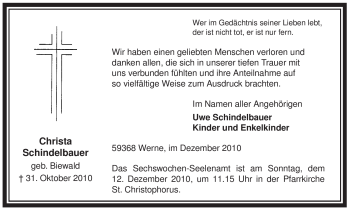 Traueranzeige von Christa Schindelbauer von WESTFÄLISCHER ANZEIGER