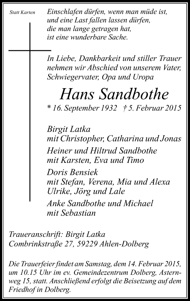  Traueranzeige für Hans Sandbothe vom 11.02.2015 aus MZV