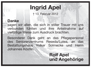 Traueranzeige von Ingrid Apel von WESTFÄLISCHER ANZEIGER