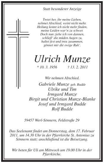 Traueranzeige von Ulrich Munze von WESTFÄLISCHER ANZEIGER