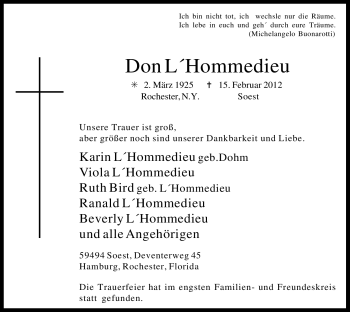 Traueranzeige von Don L`Hommedieu von WESTFÄLISCHER ANZEIGER