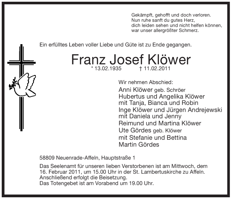  Traueranzeige für Franz Josef Klöwer vom 14.02.2011 aus WESTFÄLISCHER ANZEIGER