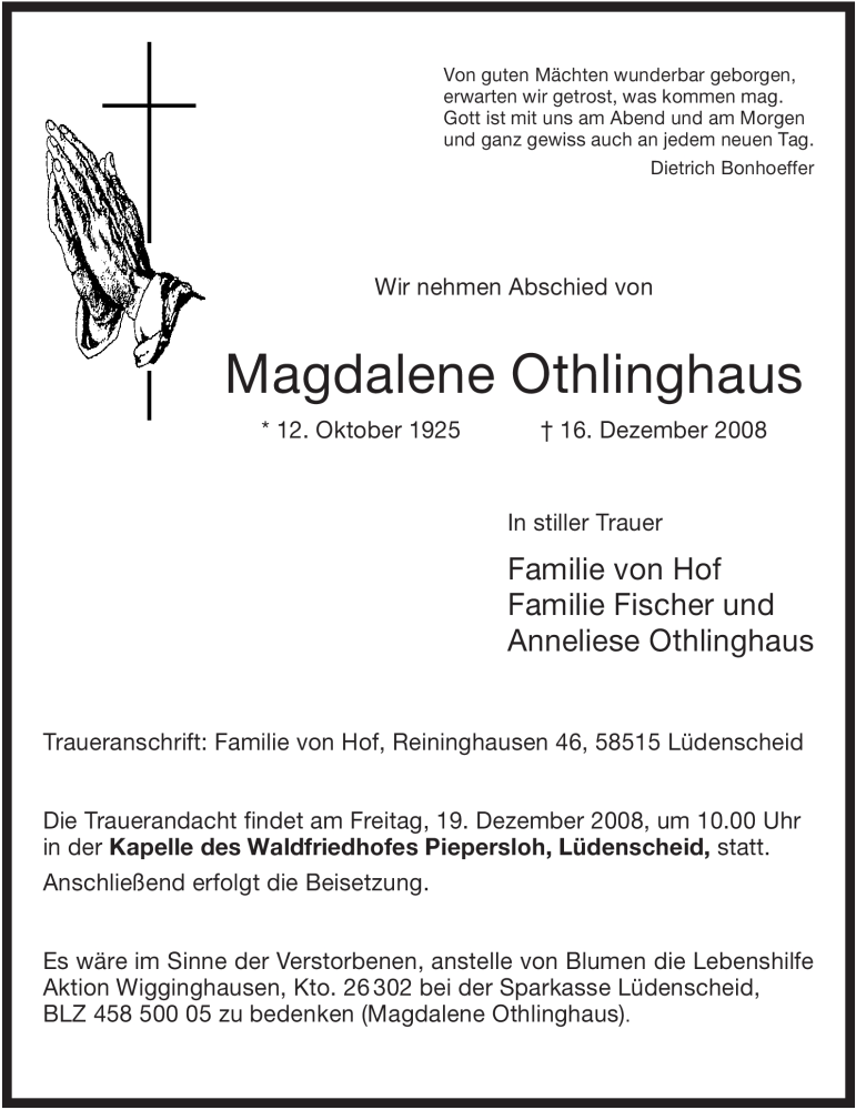  Traueranzeige für Magdalene Othlinghaus vom 19.12.2008 aus WESTFÄLISCHER ANZEIGER