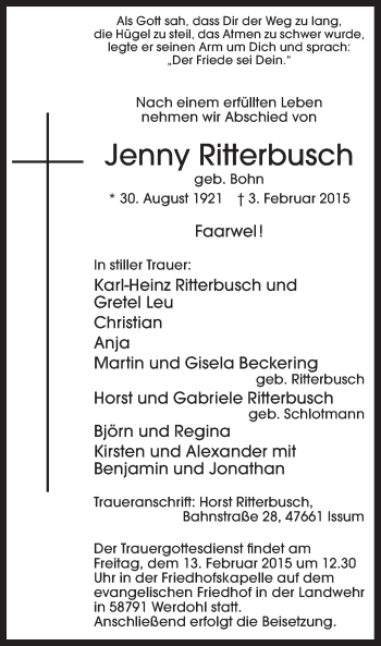 Traueranzeige von Jenny Ritterbusch von MZV