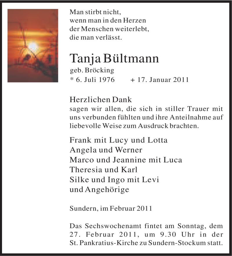  Traueranzeige für Tanja Bültmann vom 19.02.2011 aus WESTFÄLISCHER ANZEIGER