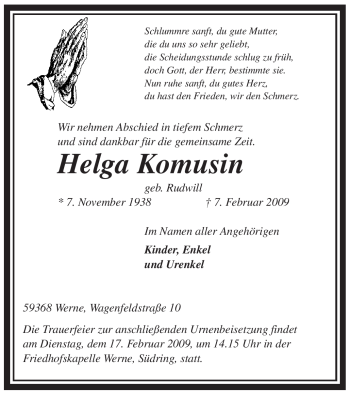 Traueranzeige von Helga Komusin von WESTFÄLISCHER ANZEIGER