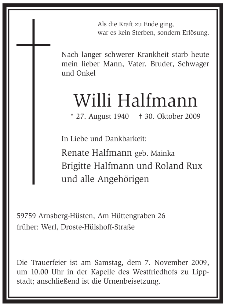  Traueranzeige für Willi Halfmann vom 03.11.2009 aus WESTFÄLISCHER ANZEIGER