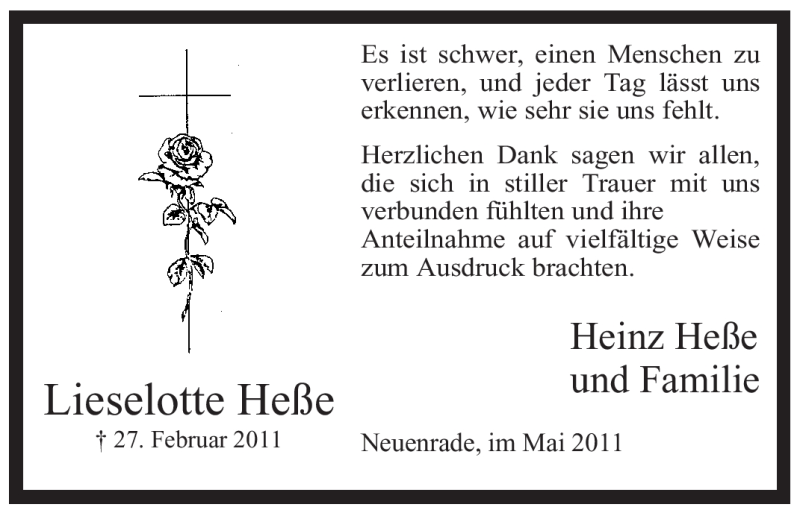  Traueranzeige für Lieselotte Heße vom 14.05.2011 aus WESTFÄLISCHER ANZEIGER