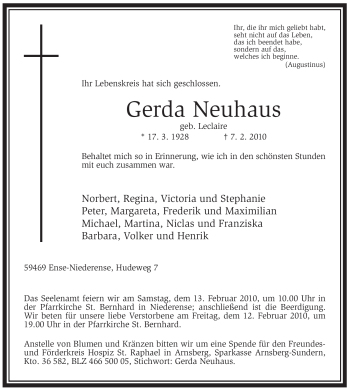 Traueranzeige von Gerda Neuhaus von WESTFÄLISCHER ANZEIGER