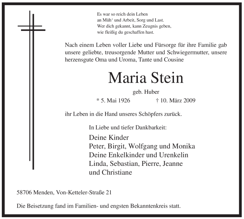  Traueranzeige für Maria Stein vom 18.03.2009 aus WESTFÄLISCHER ANZEIGER