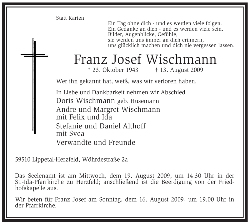  Traueranzeige für Franz-Josef Wischmann vom 15.08.2009 aus WESTFÄLISCHER ANZEIGER
