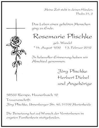 Traueranzeige von Rosemarie Plischke von WESTFÄLISCHER ANZEIGER