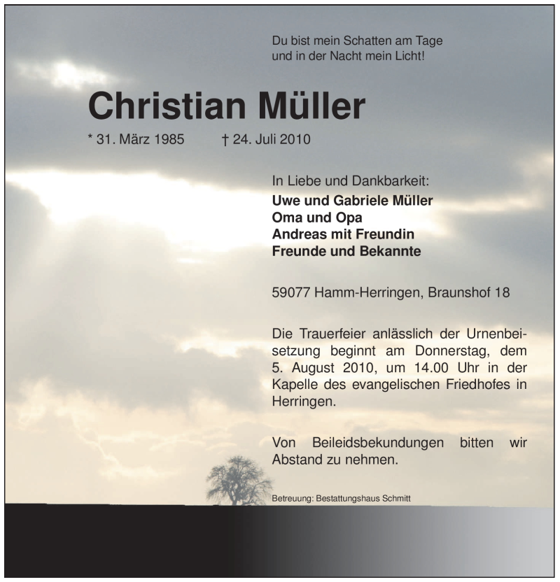  Traueranzeige für Christian Müller vom 02.08.2010 aus WESTFÄLISCHER ANZEIGER