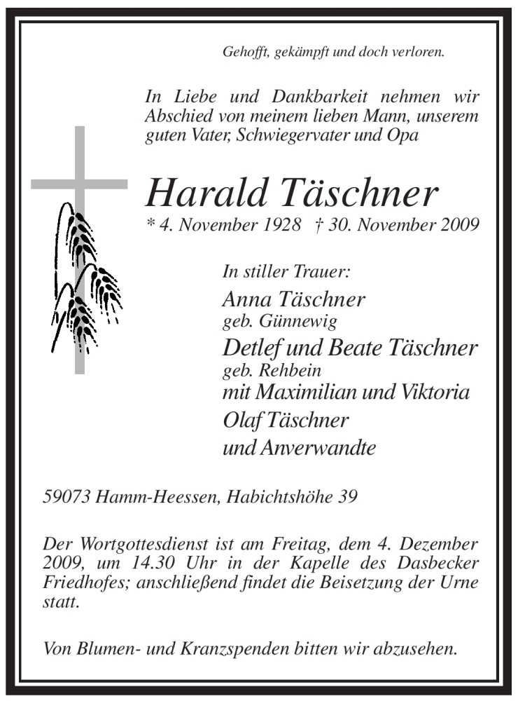  Traueranzeige für Harald Täschner vom 02.12.2009 aus WESTFÄLISCHER ANZEIGER