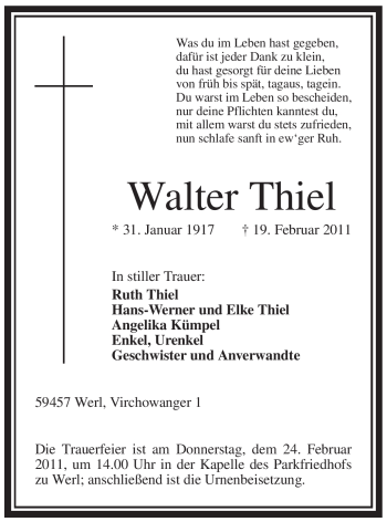 Traueranzeige von Walter Thiel von WESTFÄLISCHER ANZEIGER