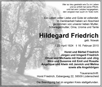 Traueranzeige von Hildegard Friedrich von MZV