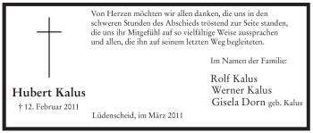 Traueranzeige von Hubert Kalus von WESTFÄLISCHER ANZEIGER