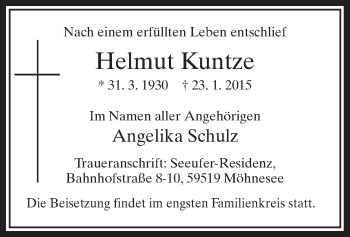 Traueranzeige von Helmut Kuntze von MZV