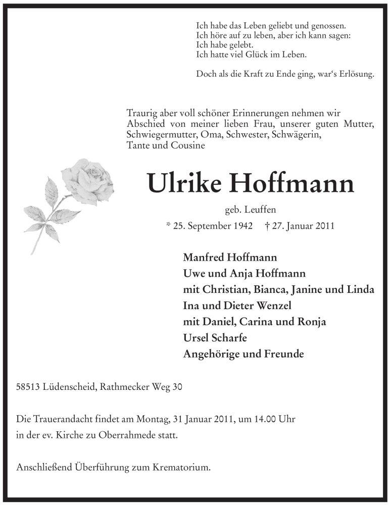  Traueranzeige für Ulrike Hoffmann vom 28.01.2011 aus WESTFÄLISCHER ANZEIGER