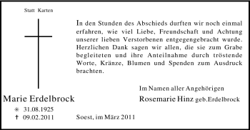 Traueranzeige von Marie Erdelbrock von WESTFÄLISCHER ANZEIGER