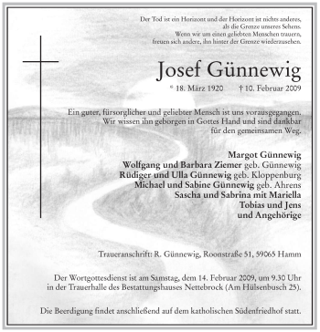 Traueranzeige von Josef Günnewig von WESTFÄLISCHER ANZEIGER