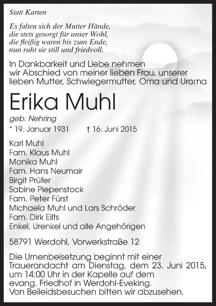  Traueranzeige für Erika Muhl vom 19.06.2015 aus MZV