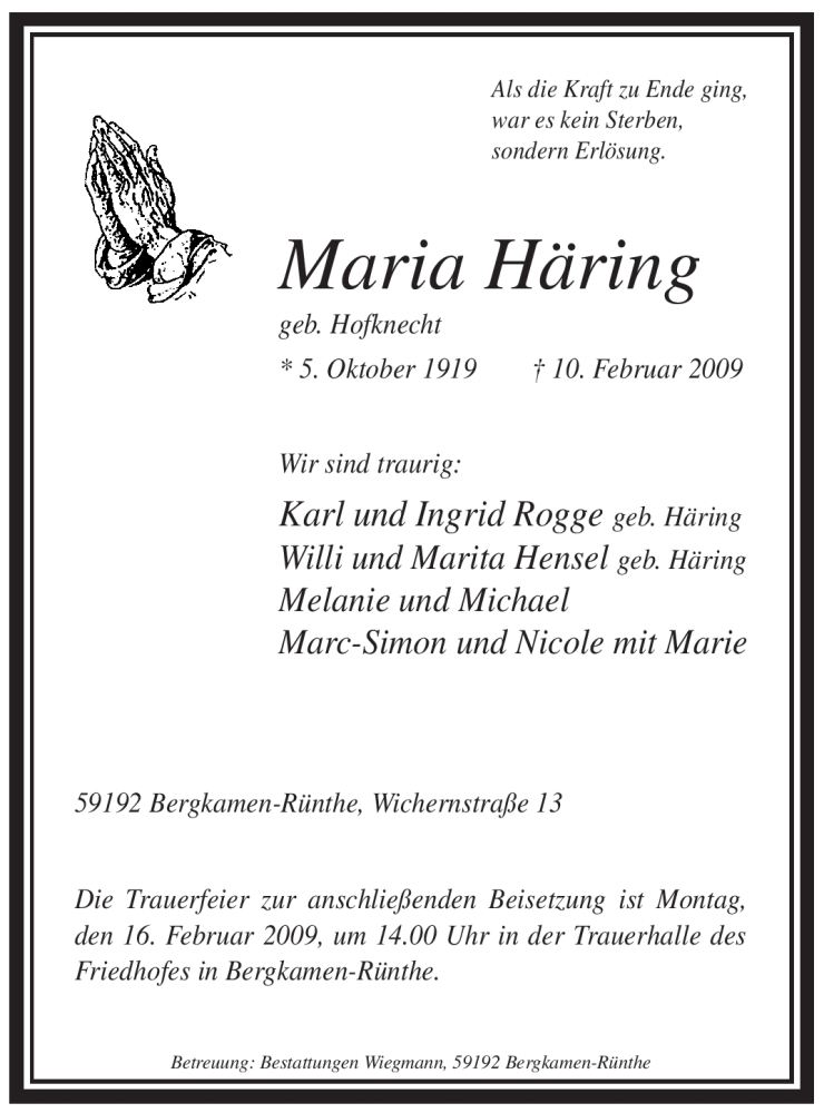  Traueranzeige für Maria Häring vom 13.02.2009 aus WESTFÄLISCHER ANZEIGER
