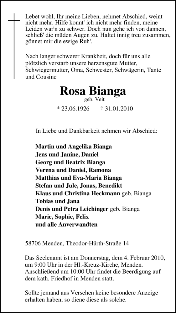  Traueranzeige für Rosa Bianga vom 03.02.2010 aus WESTFÄLISCHER ANZEIGER